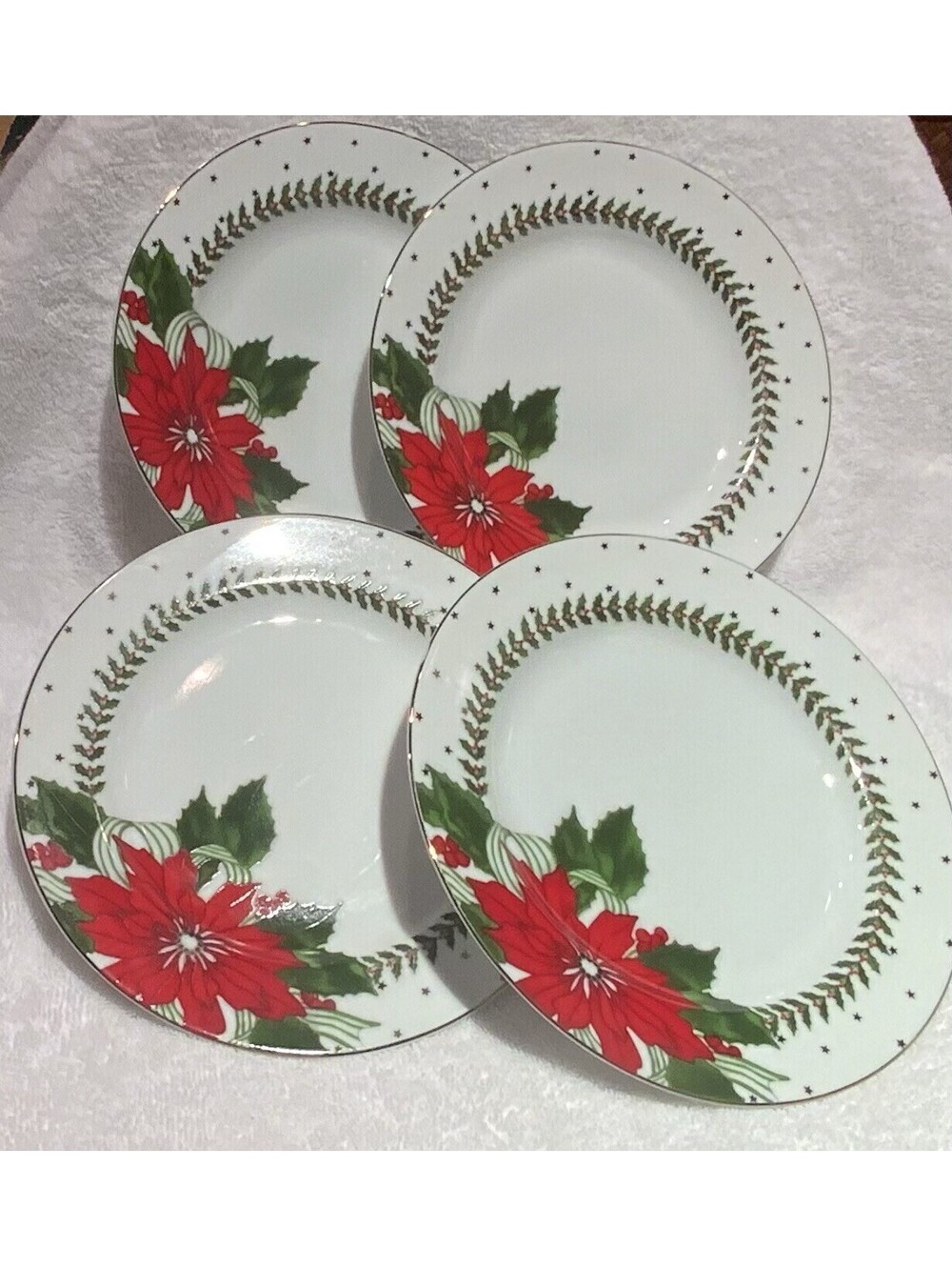 American Atelier 8” Holiday Poinsettias Set Of Four Plates by Susan Evans